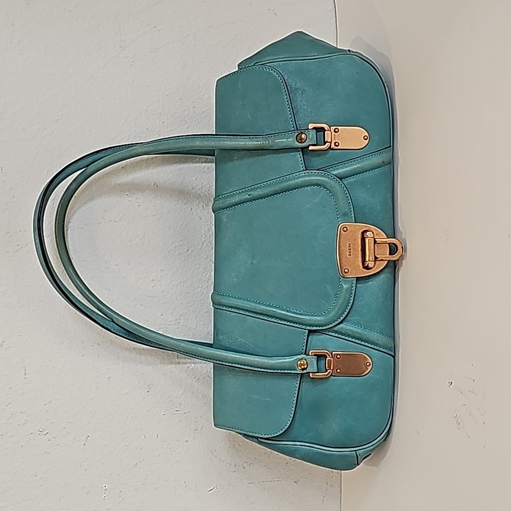 Vintage Gucci Flap Shoulder Leather handbag Aaqua  gold hardware